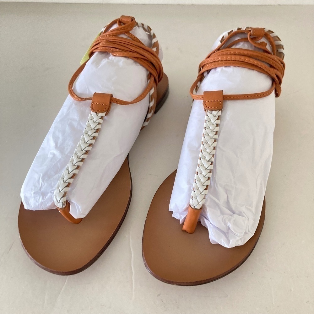 NWOT Anthropologie Tie Up Orange & White Leather Braided Thong Sandals